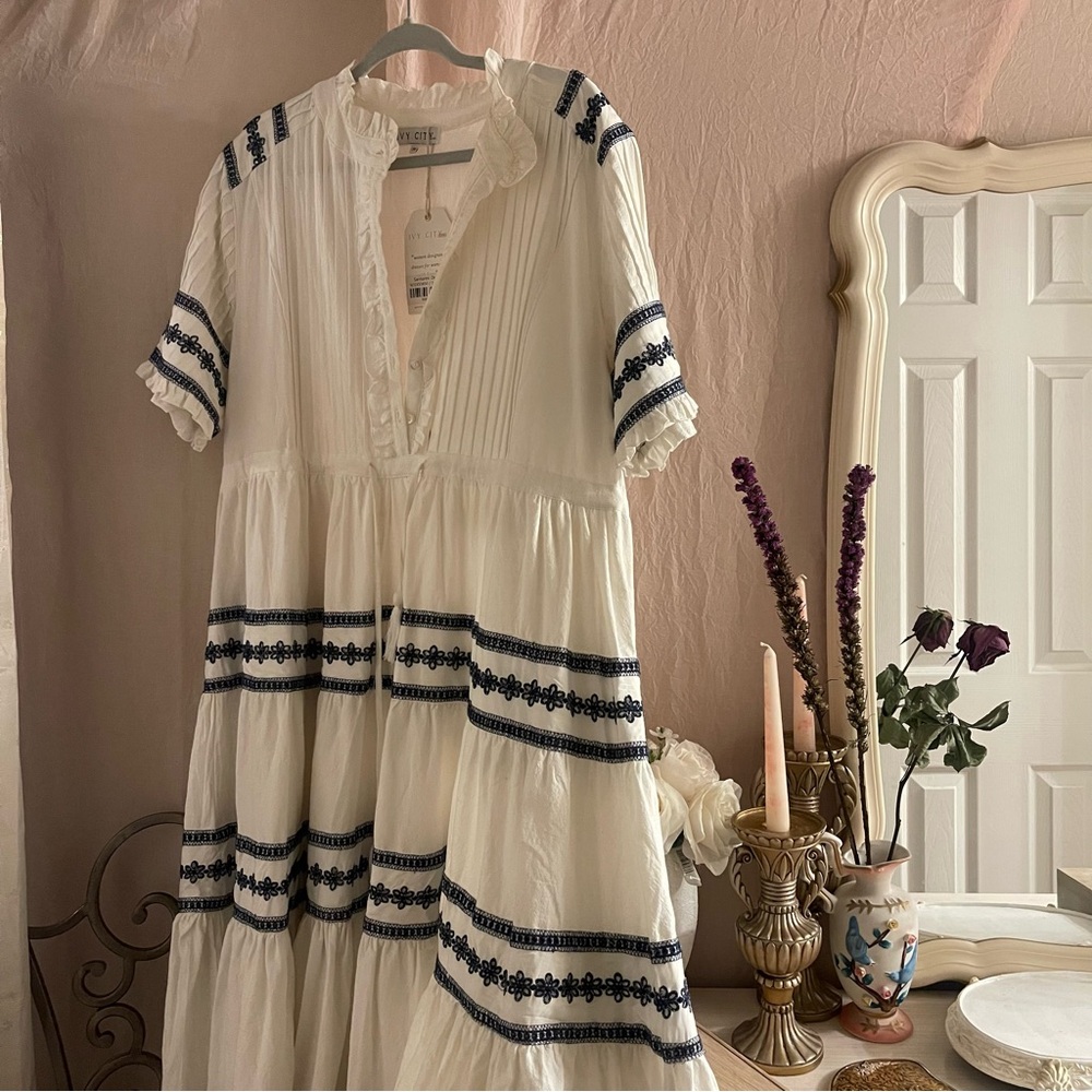 Ivy City Co Santorini Dress Elegant White and Blue Embroidered Dress